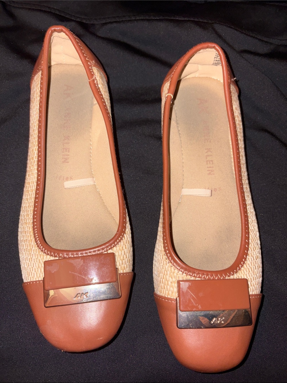 Anne Klein Tan and Cream Raffia-Trim Ballet Flats with Metal Accent